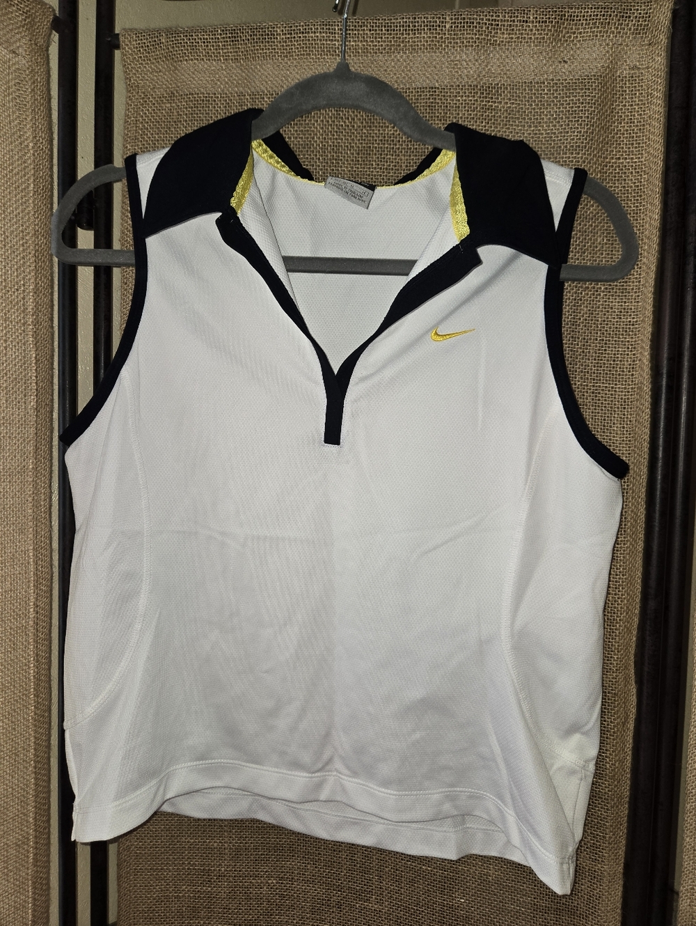 Nike White Sleeveless Polo Tank with Black Trim and Yellow Logo